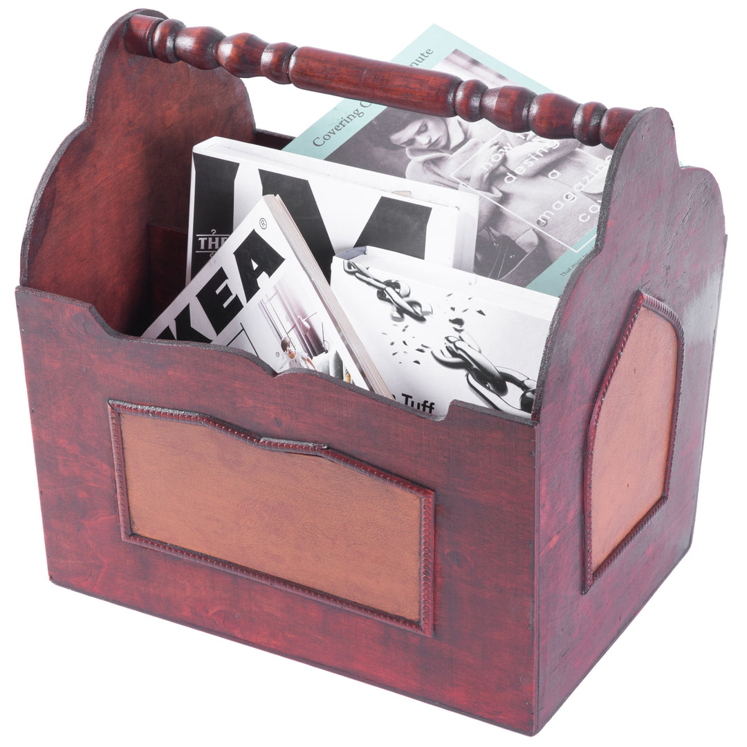 Handcrafted Decorative Wooden Magazine Rack with Handle Image 1