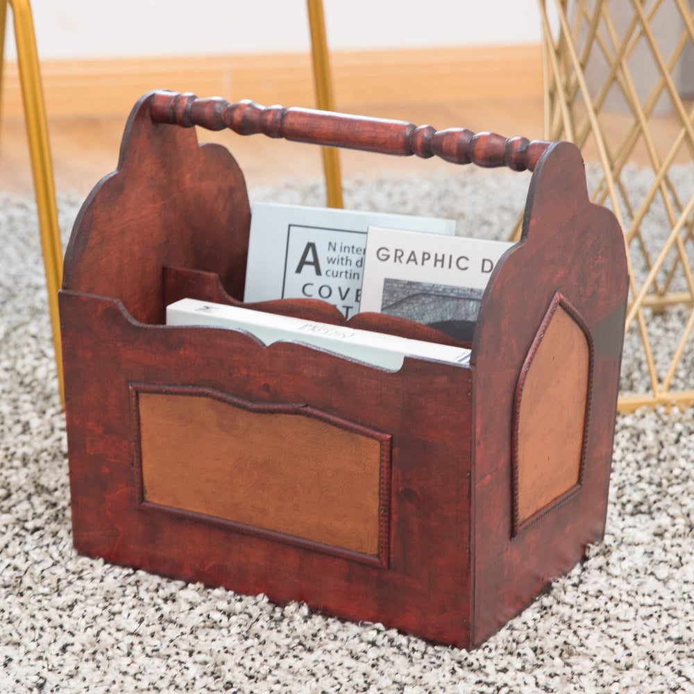Handcrafted Decorative Wooden Magazine Rack with Handle Image 2
