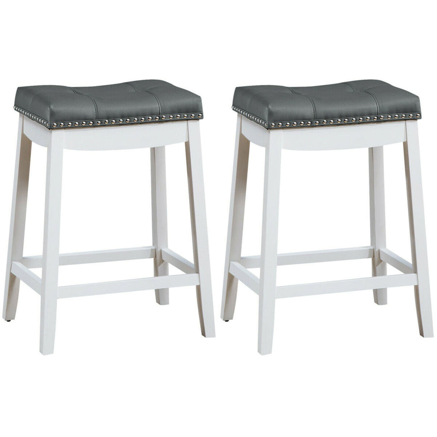 Set of 2 Nailhead Saddle Bar Stools 24 Counter Stools White with Grey Cushion Image 1