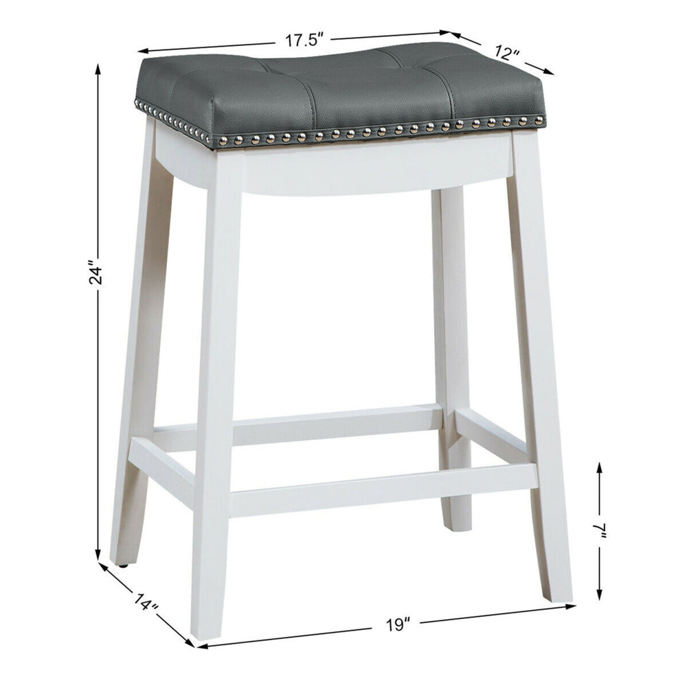 Set of 2 Nailhead Saddle Bar Stools 24 Counter Stools White with Grey Cushion Image 2