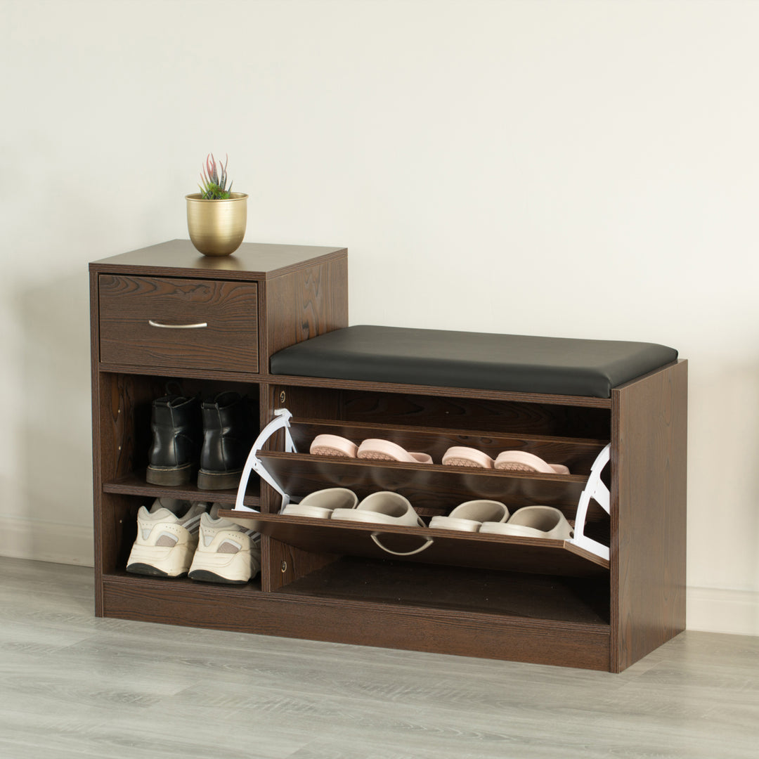 Wooden Shoe Storage Bench with Cushion 37.5 inch Entryway Organizer Furniture Image 3