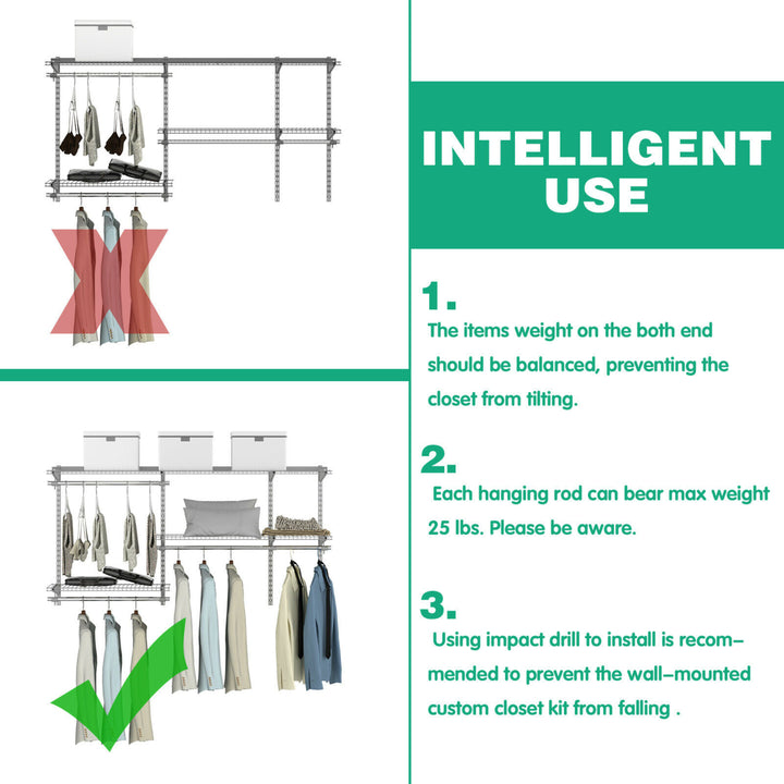 Custom Closet Organizer Kit 3 to 5 FT Wall-mounted Closet System w/Hang Rod Grey Image 9