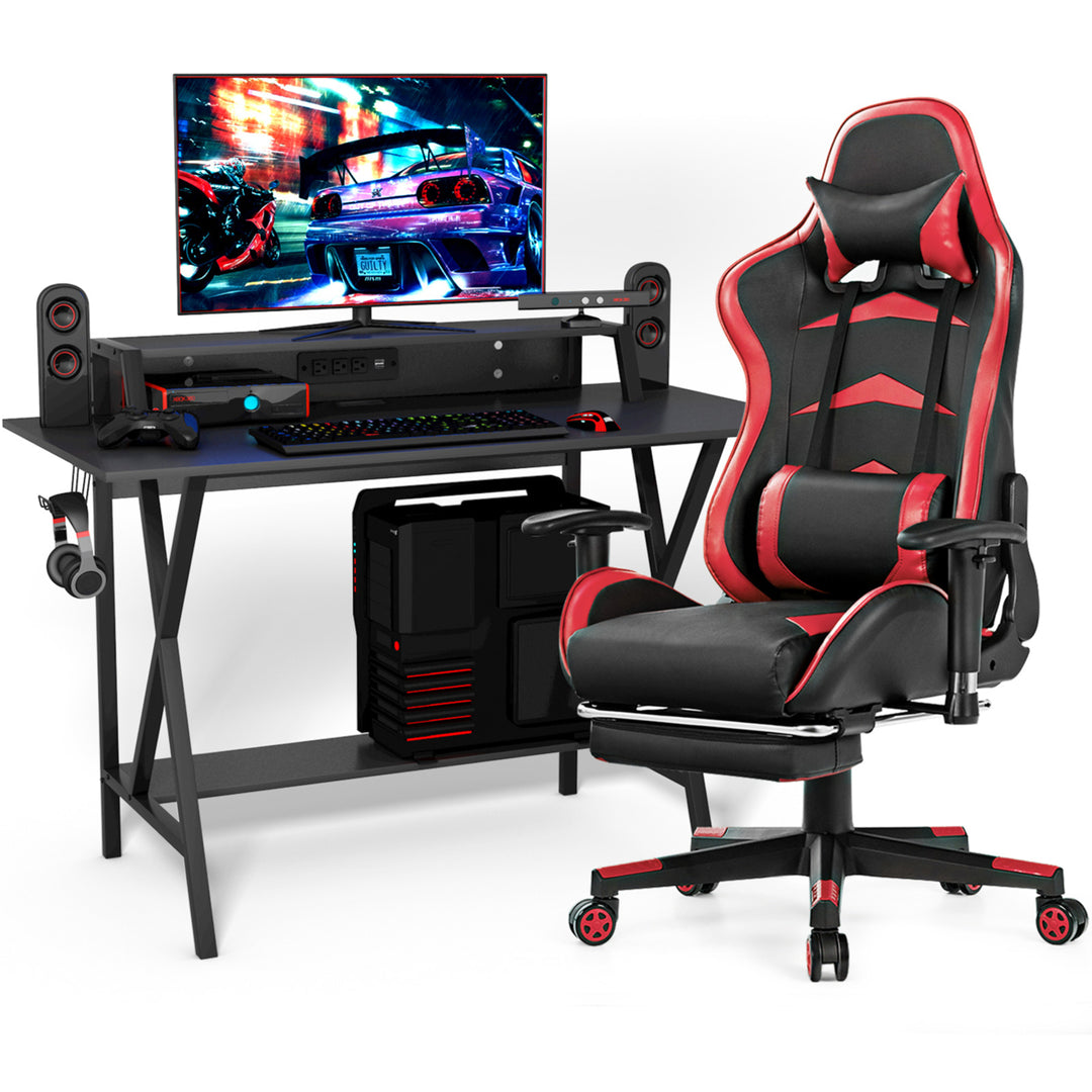 Gaming DeskandMassage Gaming Chair Set w/ Footrest Monitor Shelf Power Strip Red Image 1