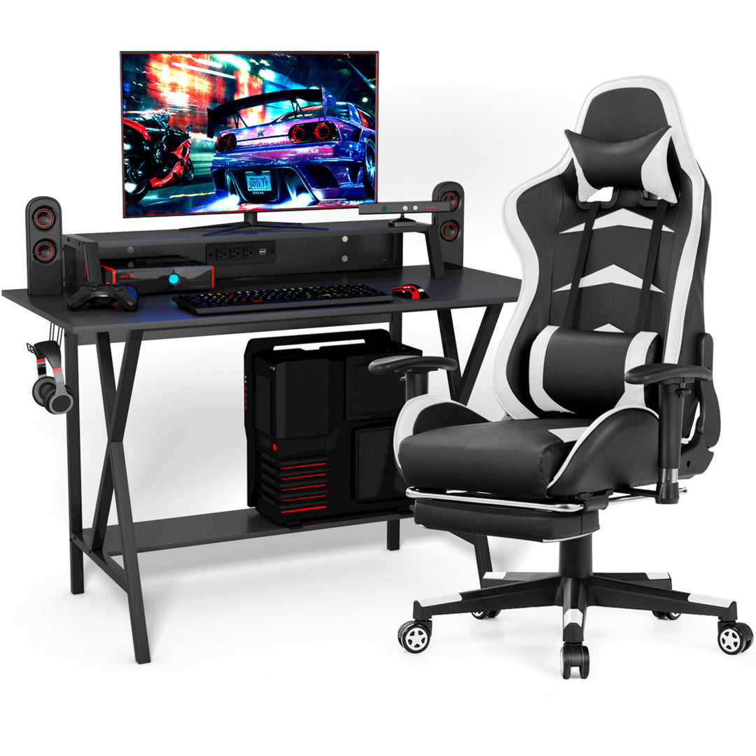 Gaming DeskandMassage Gaming Chair Set w/ Footrest Monitor Shelf Power Strip White Image 1