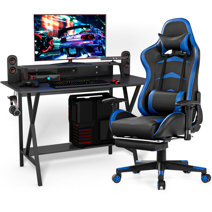 Gaming DeskandMassage Gaming Chair Set w/ Footrest Monitor Shelf Power Strip Blue Image 1