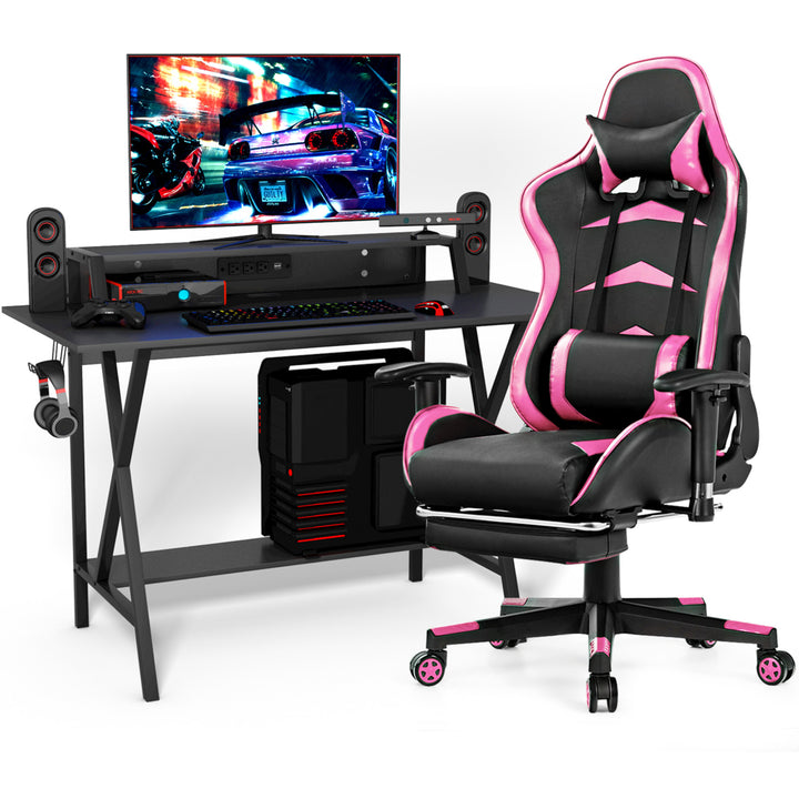 Gaming DeskandMassage Gaming Chair Set w/ Footrest Monitor Shelf Power Strip Pink Image 1