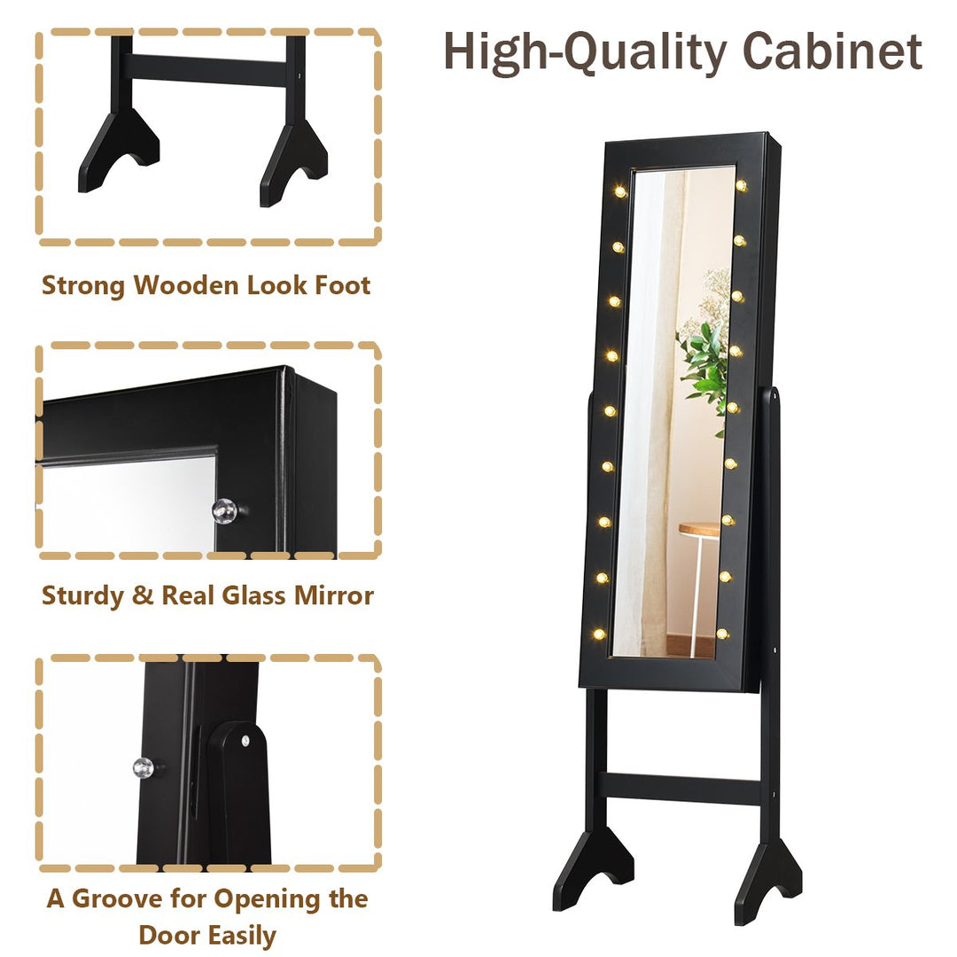 Mirrored Jewelry Cabinet Organizer w/18 LED lights Black Image 9