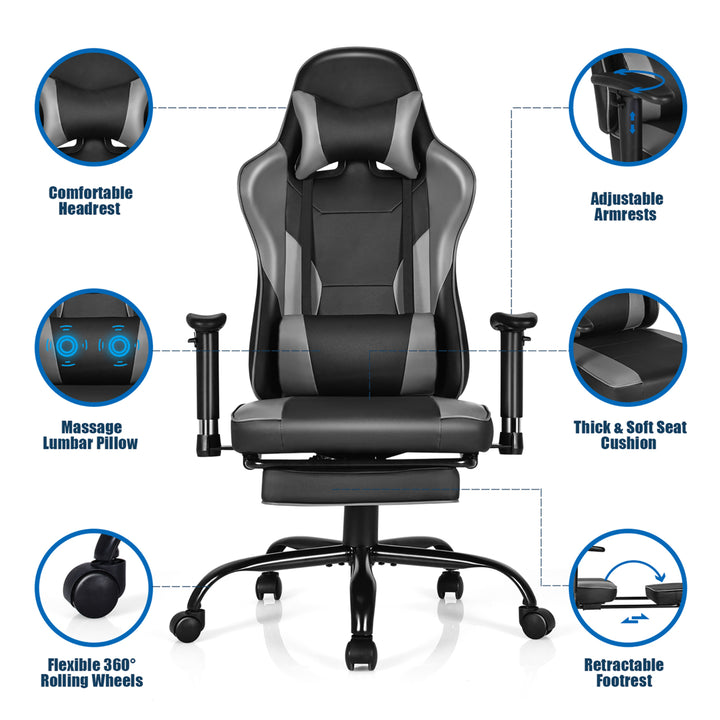 Gaming Chair Racing High Back Office Chair w/ Footrest Black Image 8