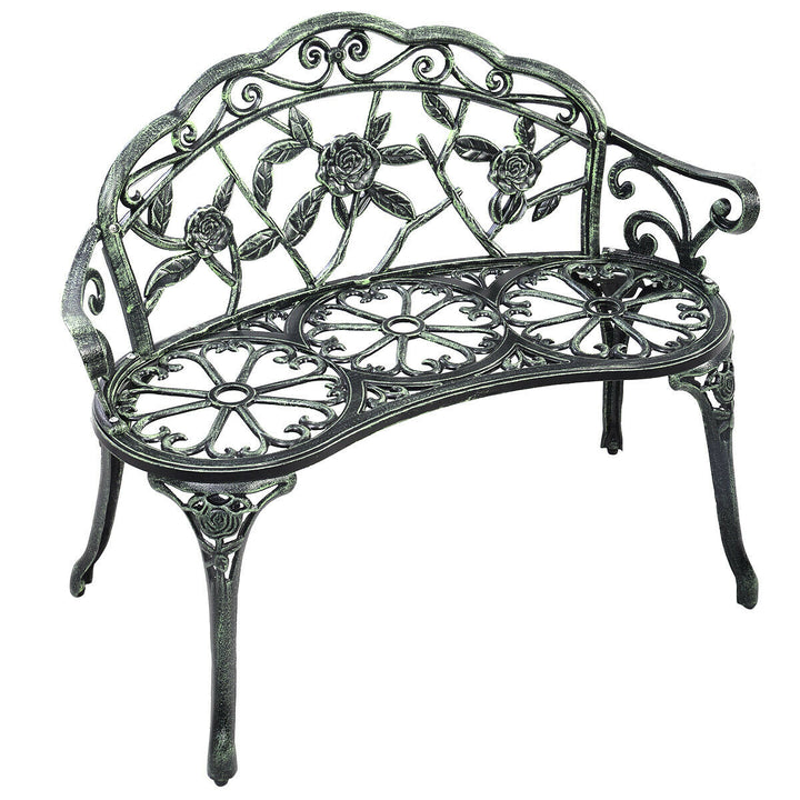 Patio Garden Bench Chair Style Porch Cast Aluminum Outdoor Rose Antique Green Image 1