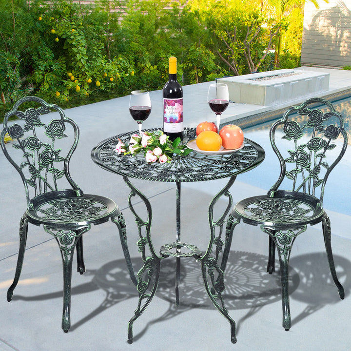 Patio Furniture Cast Aluminum Rose Design Bistro Set Antique Green (Green) Image 1