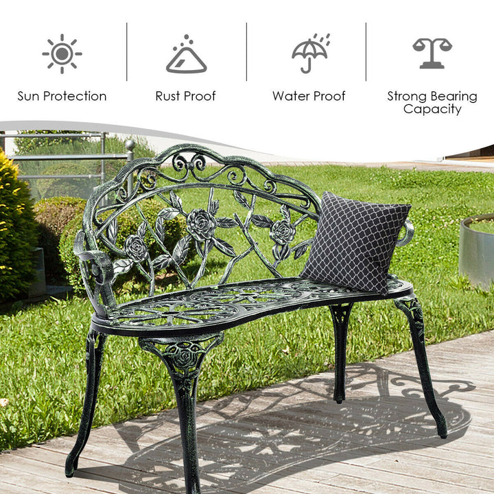 Patio Garden Bench Chair Style Porch Cast Aluminum Outdoor Rose Antique Green Image 6