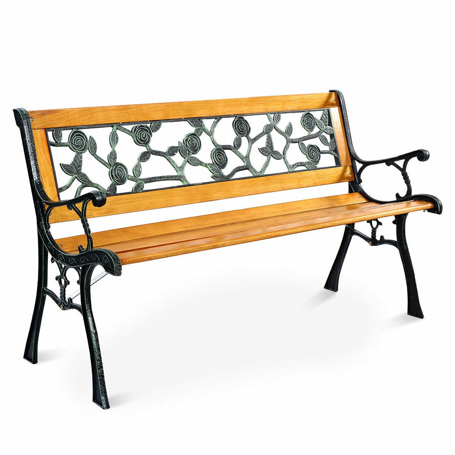 Patio Park Garden Bench Porch Chair Outdoor Deck Cast Iron Hardwood Rose Image 1