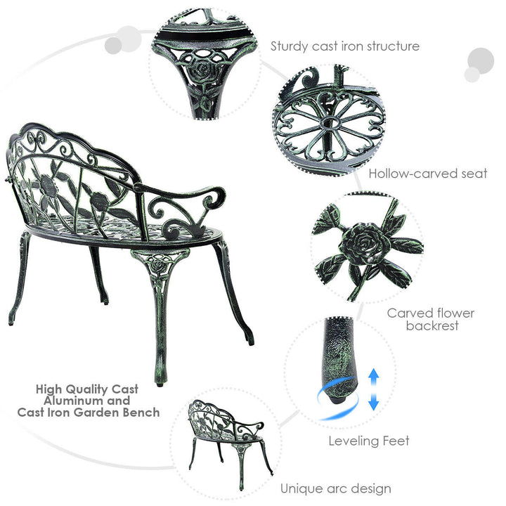 Patio Garden Bench Chair Style Porch Cast Aluminum Outdoor Rose Antique Green Image 9