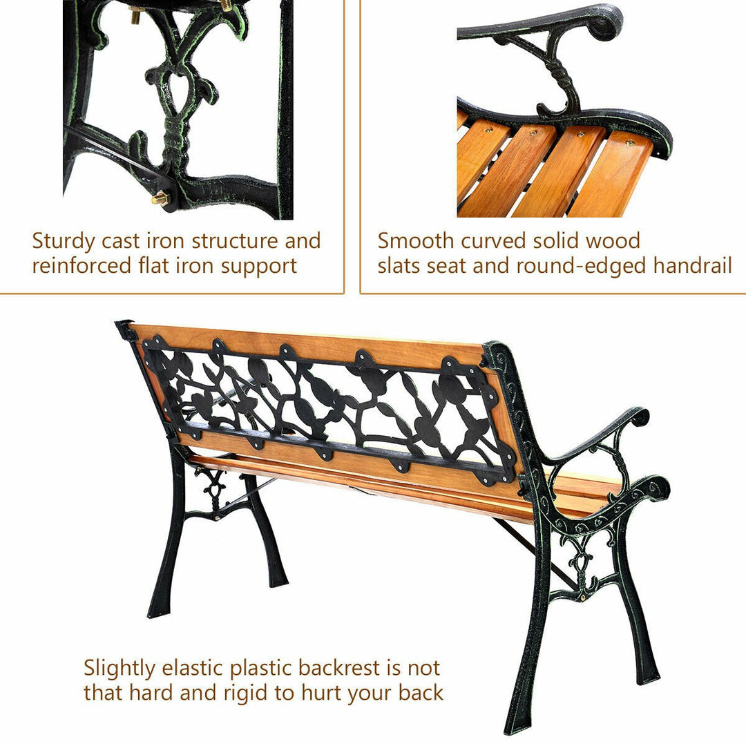 Patio Park Garden Bench Porch Chair Outdoor Deck Cast Iron Hardwood Rose Image 8