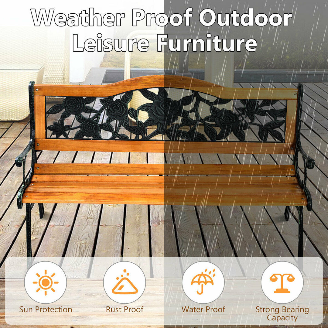 Patio Park Garden Bench Porch Path Chair Furniture Cast Iron Hardwood Image 8