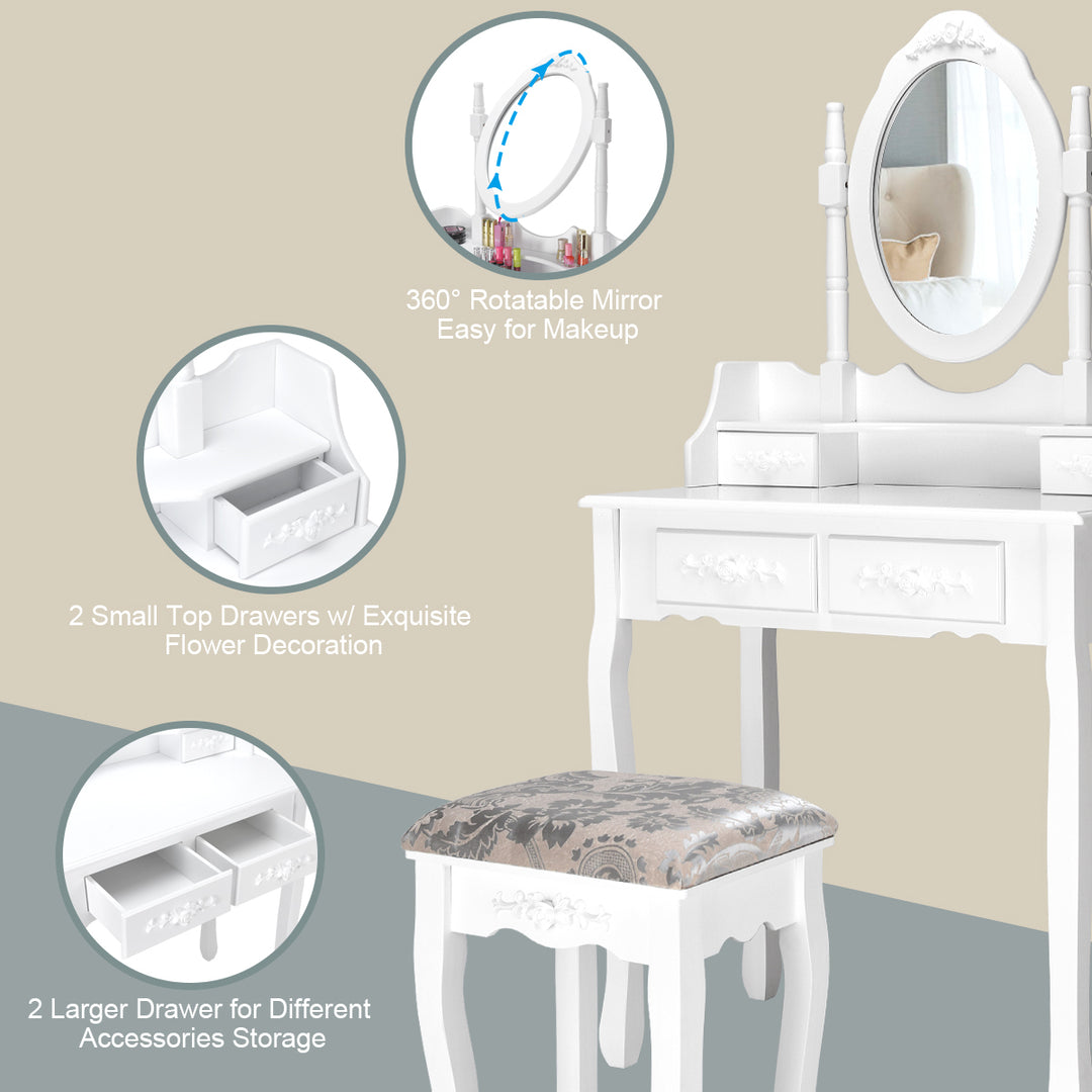 Vanity Wood Makeup Dressing Table Stool Jewelry Desk 4 White Image 8