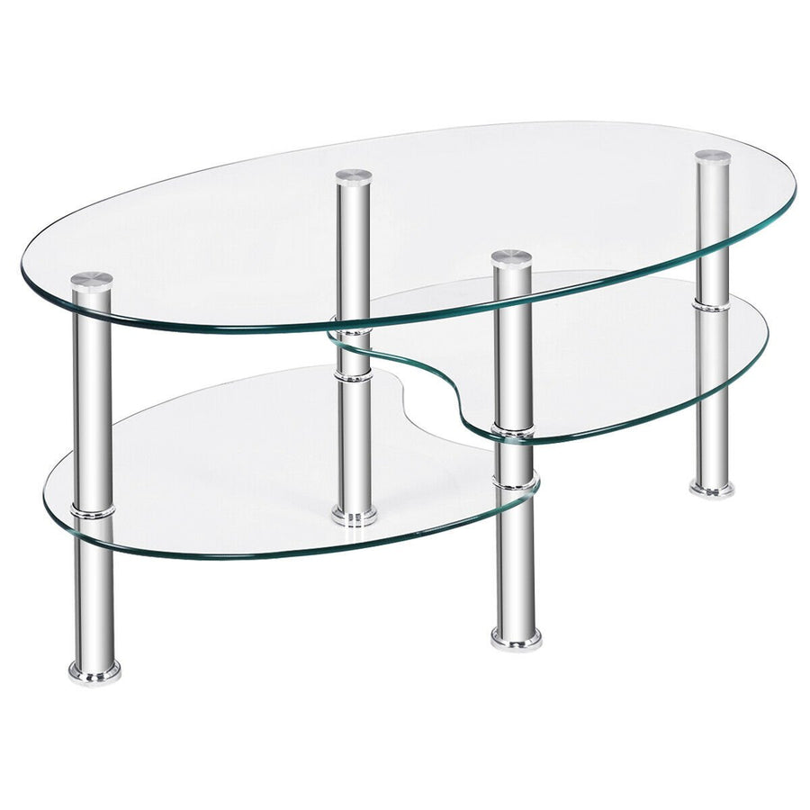 Tempered Glass Oval Side Coffee Table Shelf Chrome Base Living Room Clear Image 1