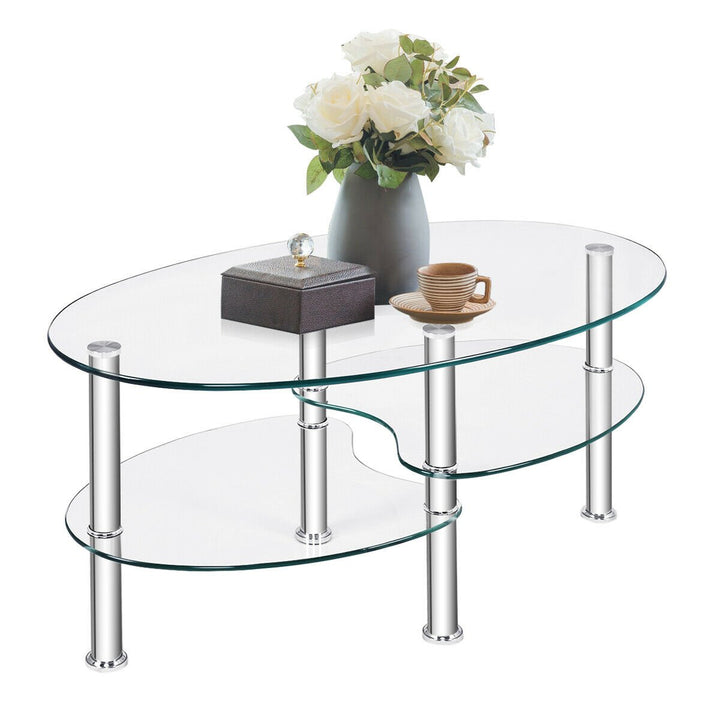 Tempered Glass Oval Side Coffee Table Shelf Chrome Base Living Room Clear Image 7