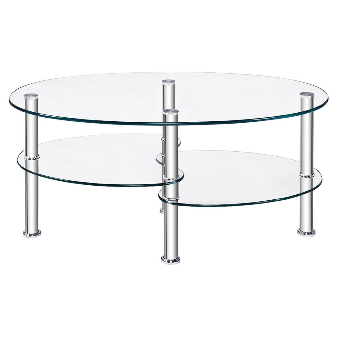 Tempered Glass Oval Side Coffee Table Shelf Chrome Base Living Room Clear Image 8