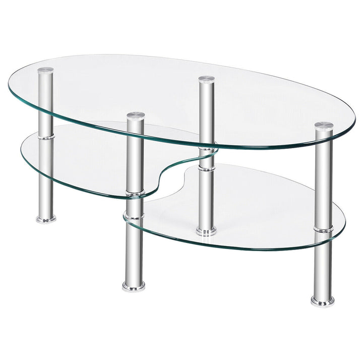 Tempered Glass Oval Side Coffee Table Shelf Chrome Base Living Room Clear Image 9