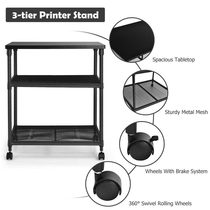 3-Tier Printer Stand Rolling Fax Cart w/ Adjustable Shelf and Swivel Wheel Image 8