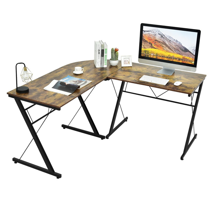 Costway 59 L-Shaped Computer Table Study Workstation Home Office Brown\Black Image 1