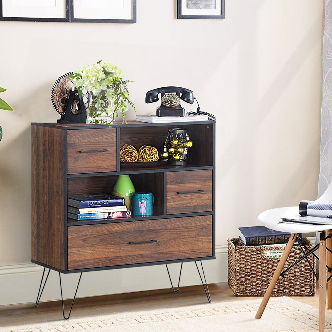 Sideboard Storage Cabinet Multipurpose Display Unit w/Metal Leg and Drawers Walnut Image 6