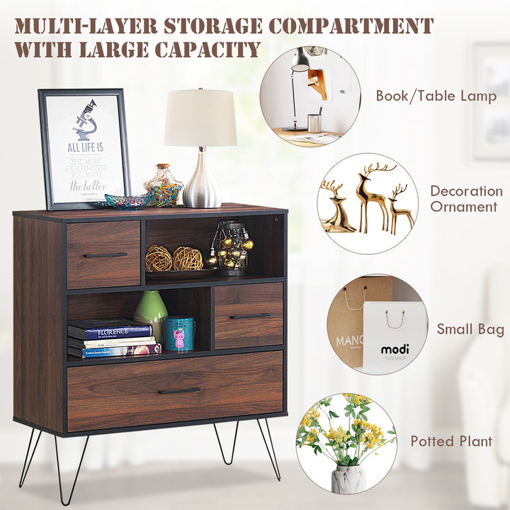 Sideboard Storage Cabinet Multipurpose Display Unit w/Metal Leg and Drawers Walnut Image 7