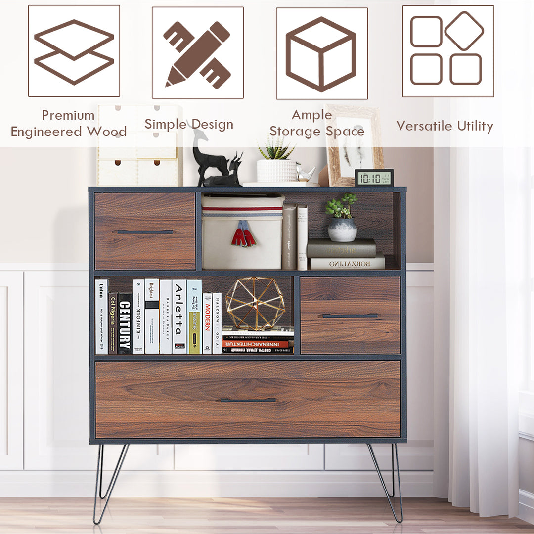 Sideboard Storage Cabinet Multipurpose Display Unit w/Metal Leg and Drawers Walnut Image 8