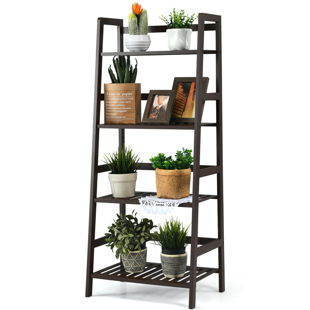 4-Tier Bamboo Ladder Shelf Plant Display Stand Rack Bookshelf Dark Brown Image 1