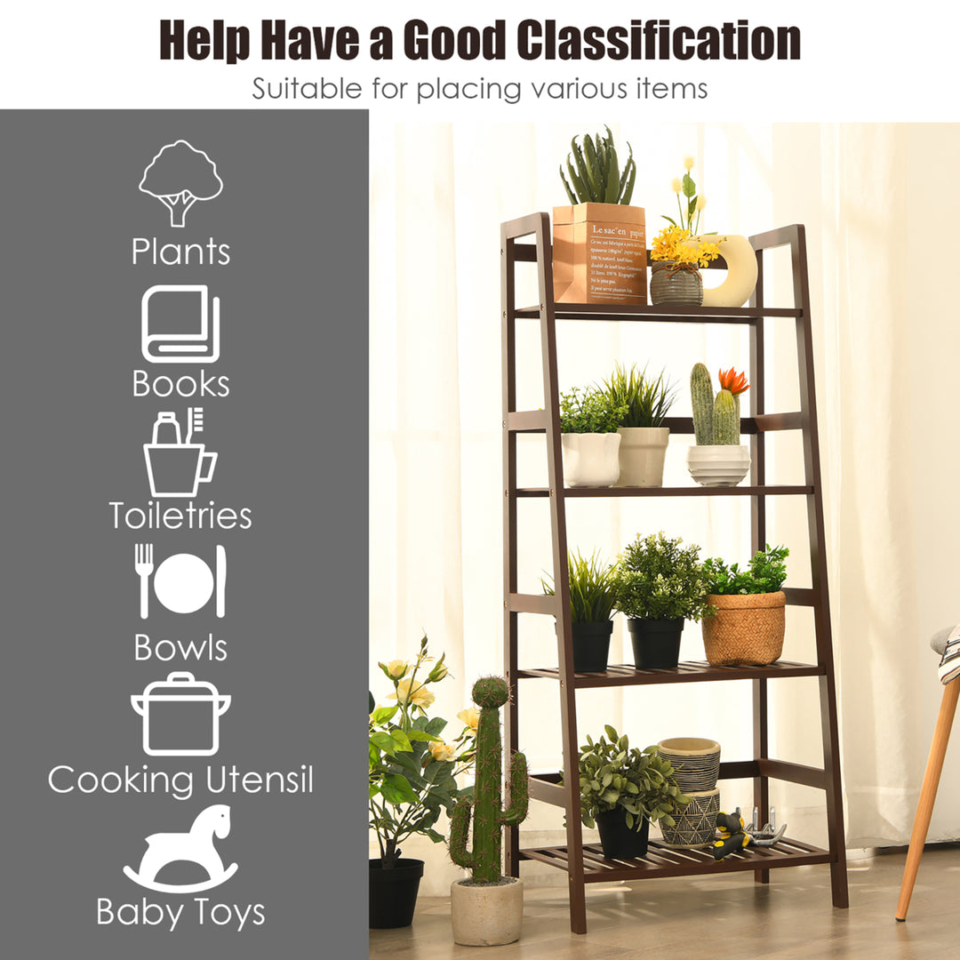 4-Tier Bamboo Ladder Shelf Plant Display Stand Rack Bookshelf Dark Brown Image 6