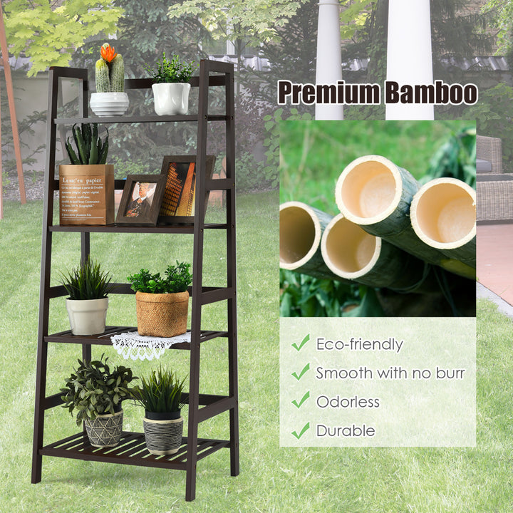 4-Tier Bamboo Ladder Shelf Plant Display Stand Rack Bookshelf Dark Brown Image 8