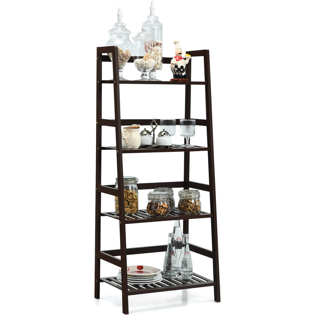 4-Tier Bamboo Ladder Shelf Plant Display Stand Rack Bookshelf Dark Brown Image 10