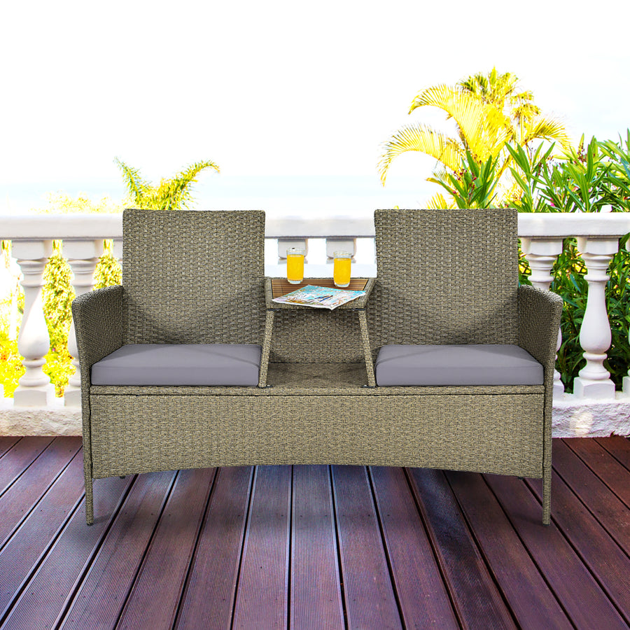 2-Person Patio Rattan Conversation Furniture Set Loveseat Coffee Table Image 1