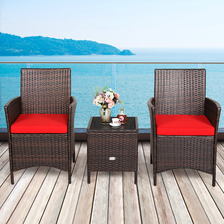 Costway 3PCS Patio Rattan Furniture Set Cushioned Sofa Glass Tabletop Deck Red\Blue\ White Image 1