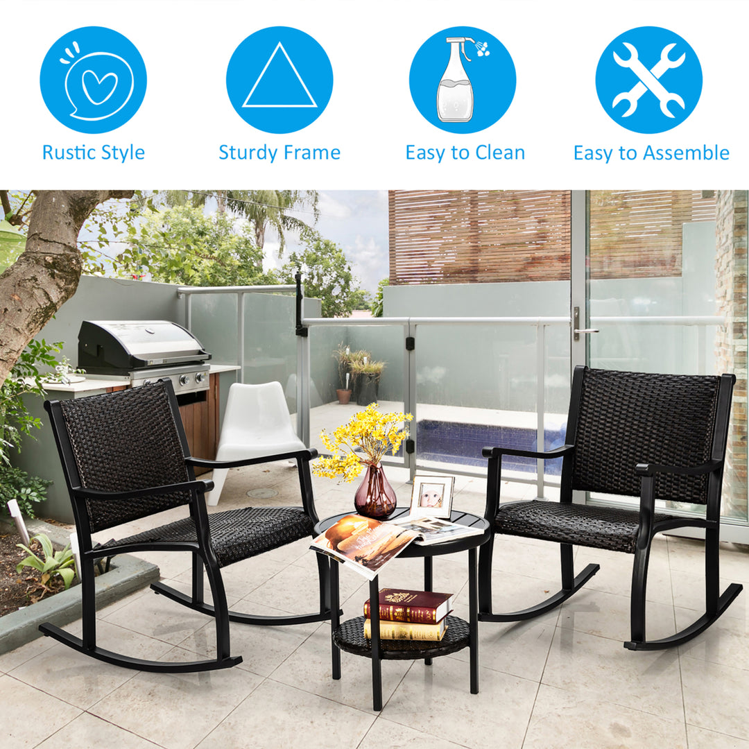 3PCS Patio Rattan Rocking Chair Bistro Set Coffee Table Storage Shelf Image 6