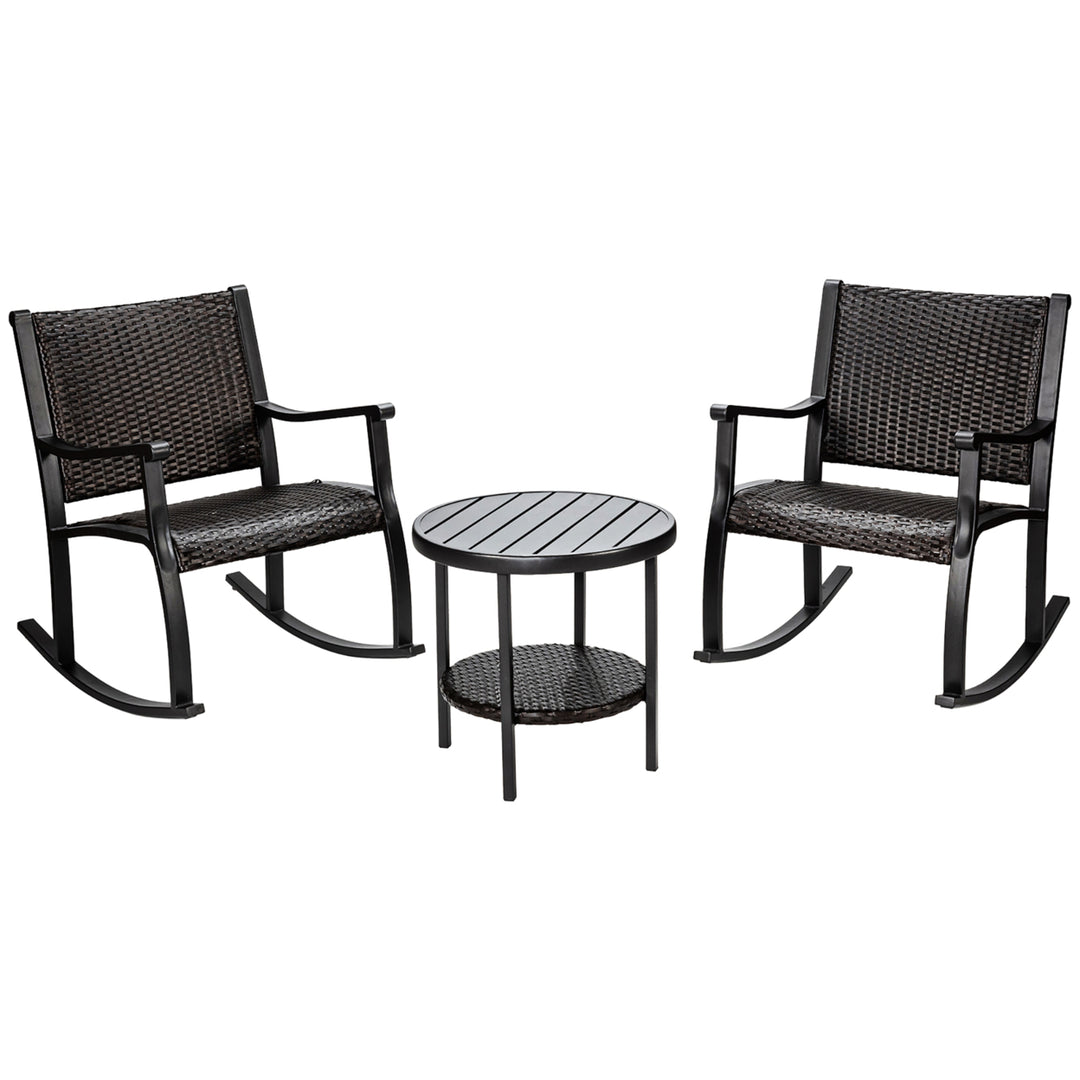 3PCS Patio Rattan Rocking Chair Bistro Set Coffee Table Storage Shelf Image 9