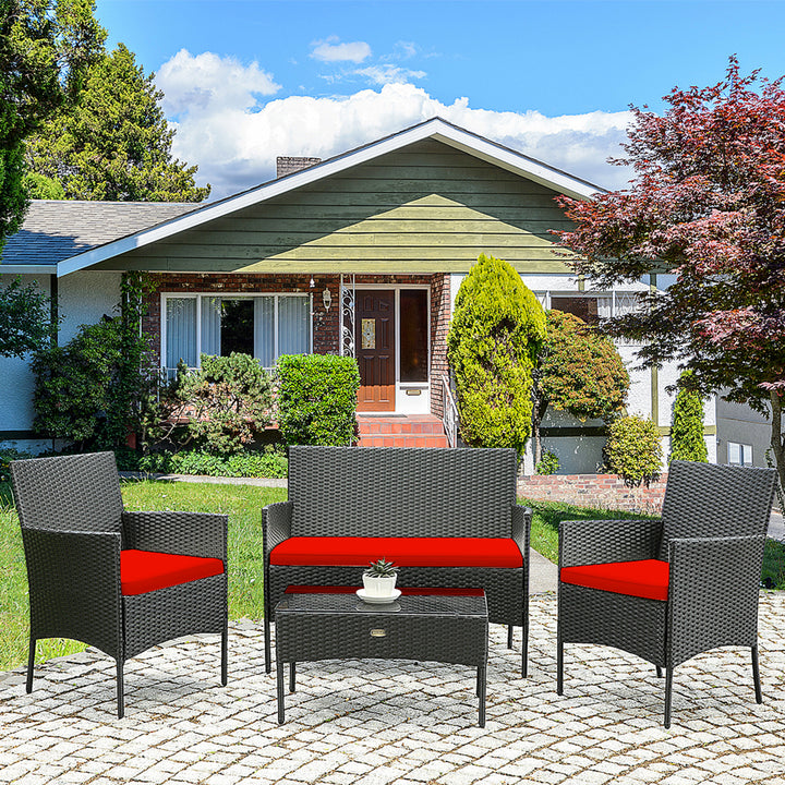 Gymax 8PCS Outdoor Furniture Set Patio Rattan Conversation Set w/ Red Cushion Image 4