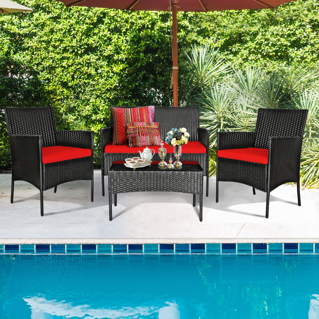 Gymax 8PCS Outdoor Furniture Set Patio Rattan Conversation Set w/ Red Cushion Image 5