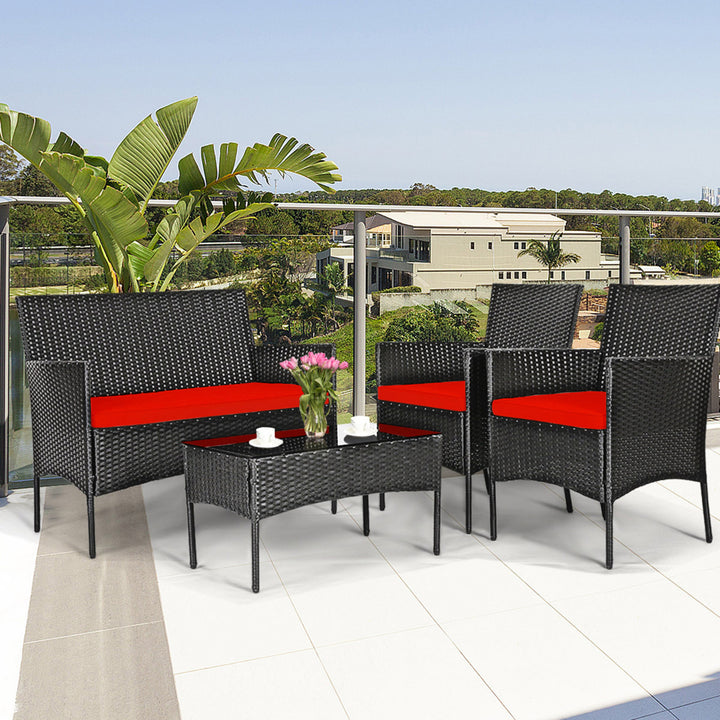 Gymax 8PCS Outdoor Furniture Set Patio Rattan Conversation Set w/ Red Cushion Image 6