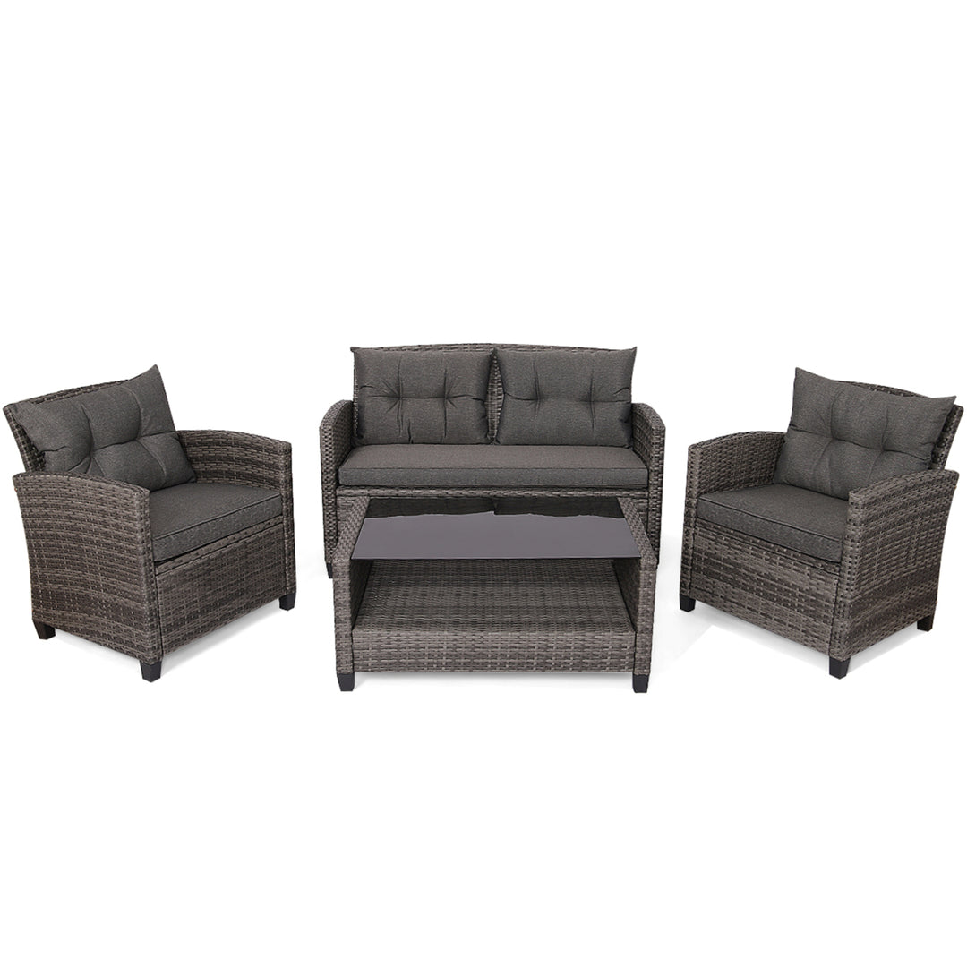 4PC Rattan Patio Conversation Set Cushioned Outdoor Furniture Set Image 2