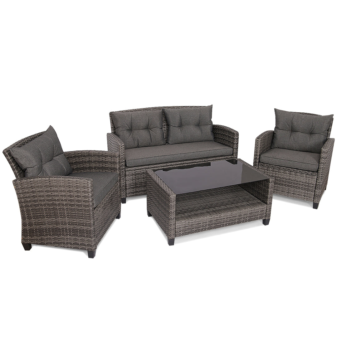 4PC Rattan Patio Conversation Set Cushioned Outdoor Furniture Set Image 6