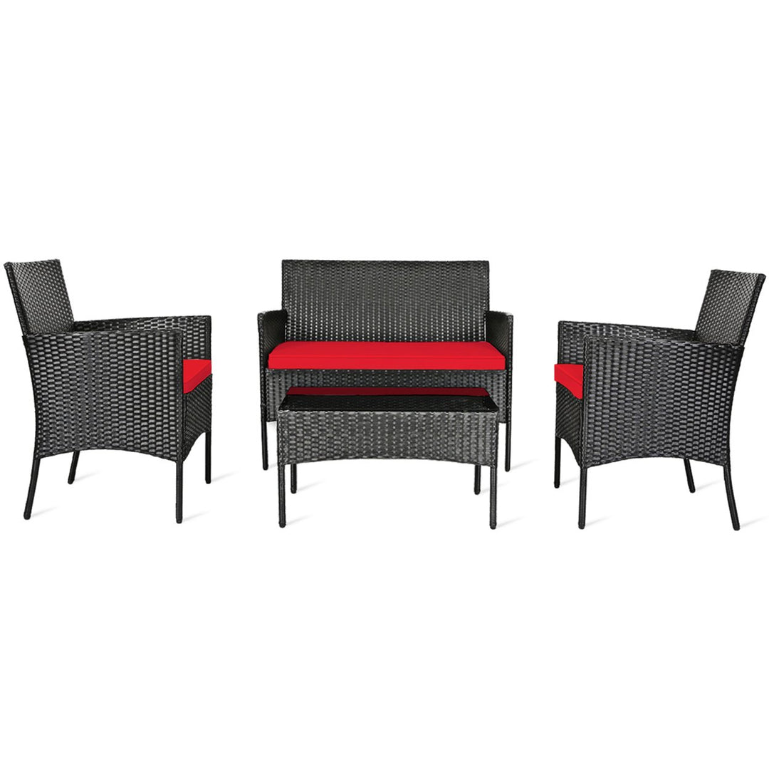 Gymax 8PCS Outdoor Furniture Set Patio Rattan Conversation Set w/ Red Cushion Image 7