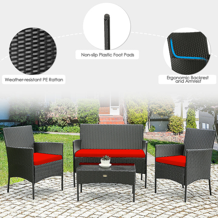 Gymax 8PCS Outdoor Furniture Set Patio Rattan Conversation Set w/ Red Cushion Image 9