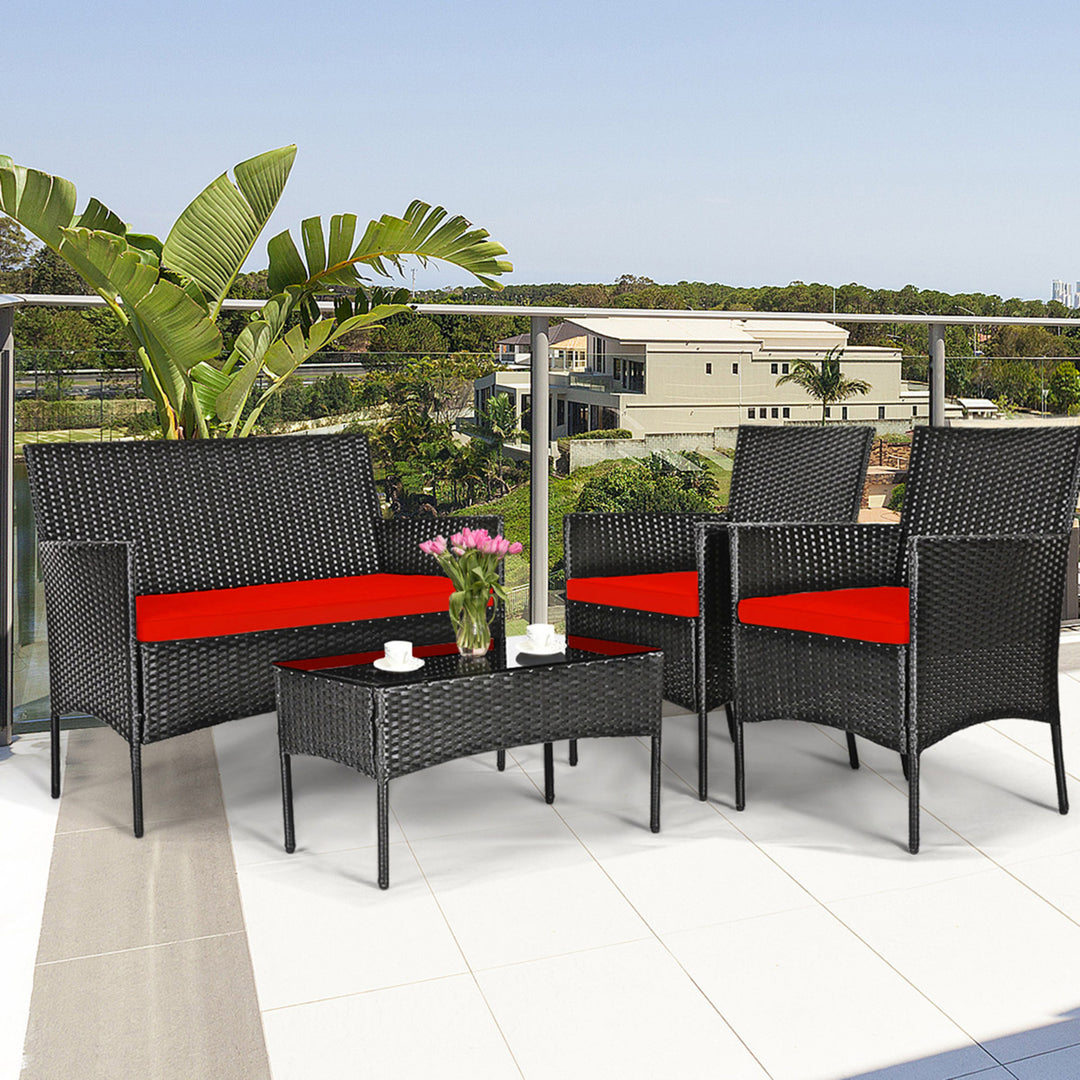 Gymax 4PCS Outdoor Furniture Set Patio Rattan Conversation Set w/ Red Cushion Image 4