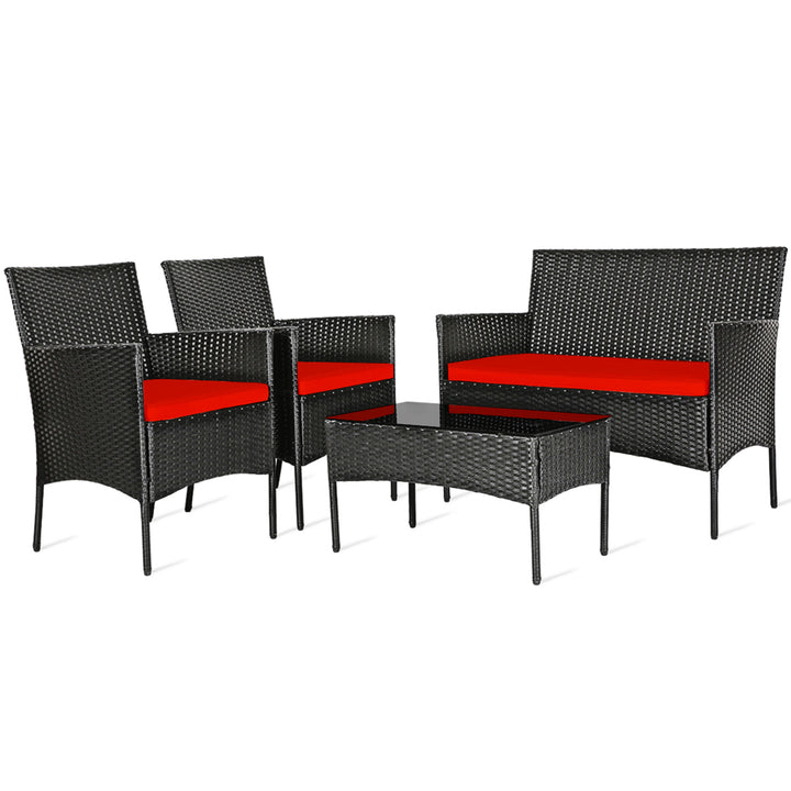 Gymax 4PCS Outdoor Furniture Set Patio Rattan Conversation Set w/ Red Cushion Image 5