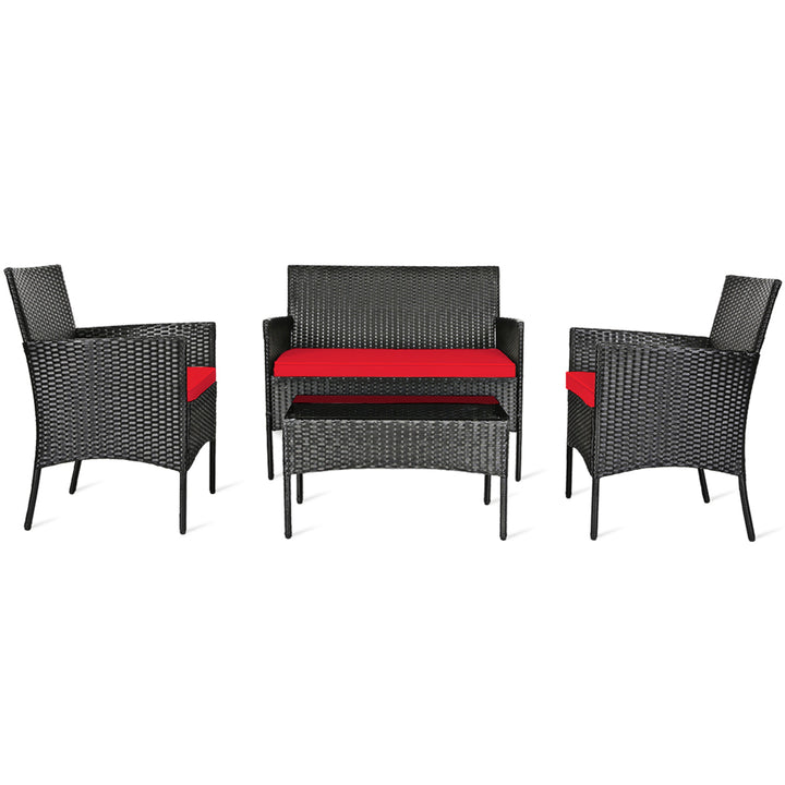 Gymax 4PCS Outdoor Furniture Set Patio Rattan Conversation Set w/ Red Cushion Image 6