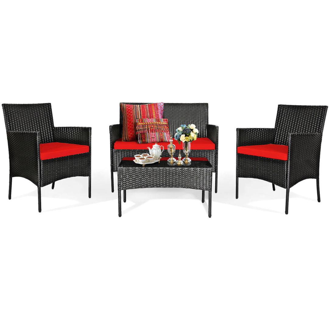 Gymax 4PCS Outdoor Furniture Set Patio Rattan Conversation Set w/ Red Cushion Image 7