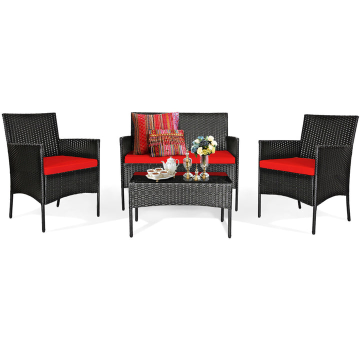 Gymax 4PCS Outdoor Furniture Set Patio Rattan Conversation Set w/ Red Cushion Image 7