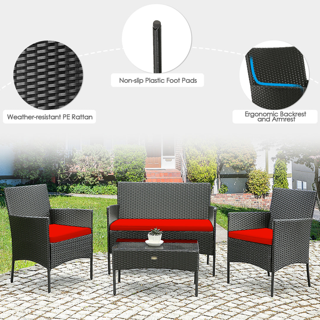 Gymax 4PCS Outdoor Furniture Set Patio Rattan Conversation Set w/ Red Cushion Image 9